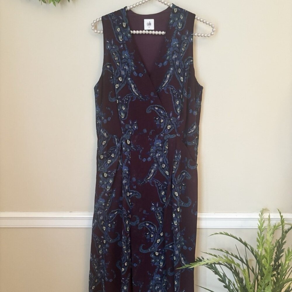 Cabi Womens Size 8 Plum Paisley Floral Treasure Midi Dress Sleeveless Pockets
